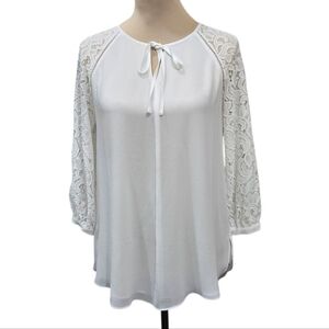Haute Hippie Tribe Woven Chiffon Top with Lace Sleeves White Blouse XXS